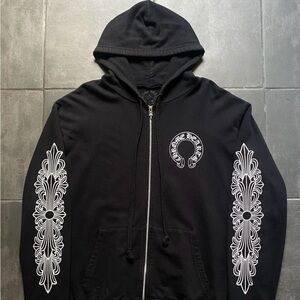 Chrome Heart Horseshoe Floral Cross Sleeve Zip Up Hoodie
